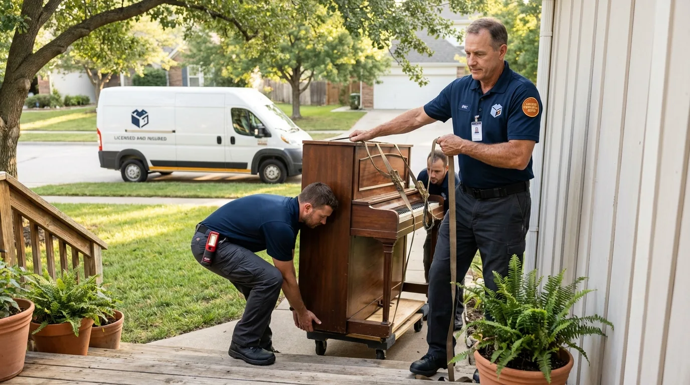 Licensed piano movers securing grand piano in Bismarck, MO